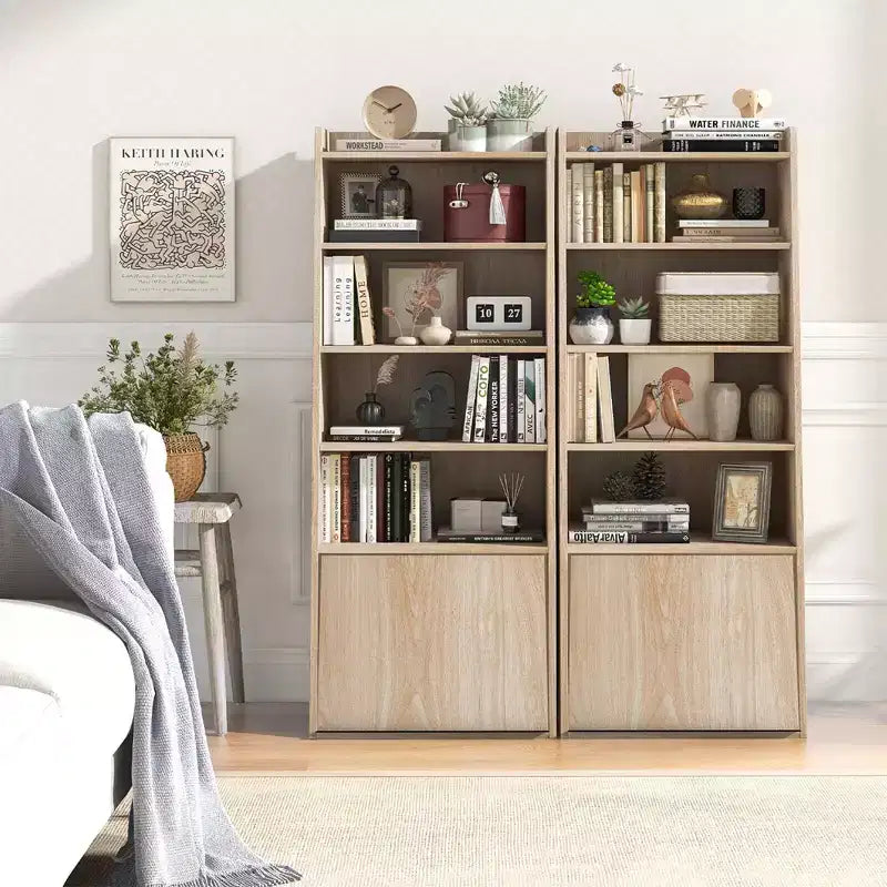 Bibliothèque à 6 niveaux avec 2 étagères réglables, porte relevable et 5 étagères ouvertes pour chambre à coucher