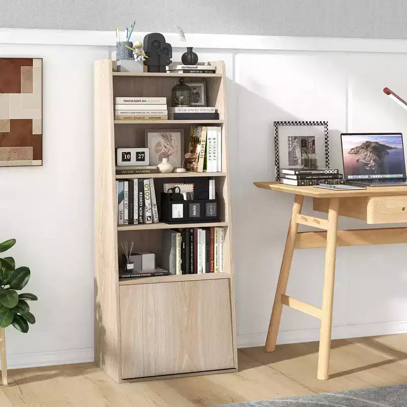 Bibliothèque à 6 niveaux avec 2 étagères réglables, porte relevable et 5 étagères ouvertes pour chambre à coucher