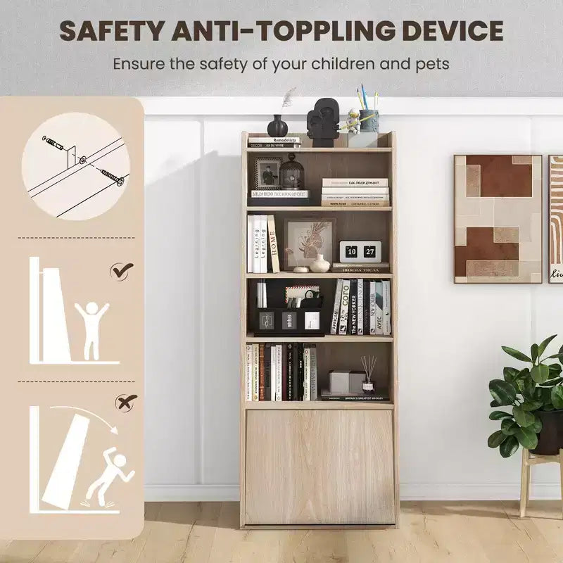 Bibliothèque à 6 niveaux avec 2 étagères réglables, porte relevable et 5 étagères ouvertes pour chambre à coucher