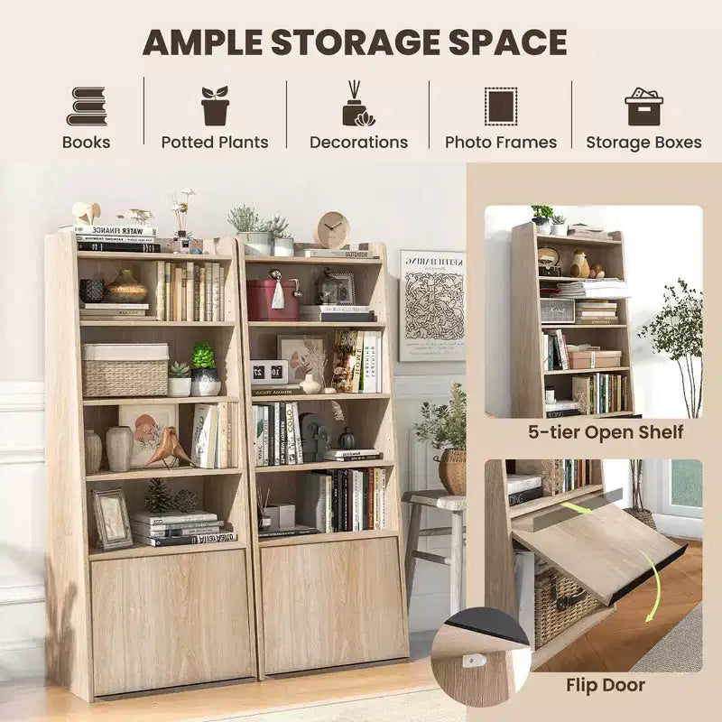 Bibliothèque à 6 niveaux avec 2 étagères réglables, porte relevable et 5 étagères ouvertes pour chambre à coucher