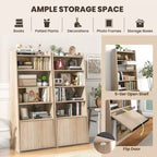 Bibliothèque à 6 niveaux avec 2 étagères réglables, porte relevable et 5 étagères ouvertes pour chambre à coucher