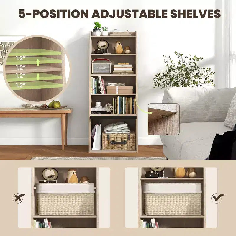 Bibliothèque à 6 niveaux avec 2 étagères réglables, porte relevable et 5 étagères ouvertes pour chambre à coucher