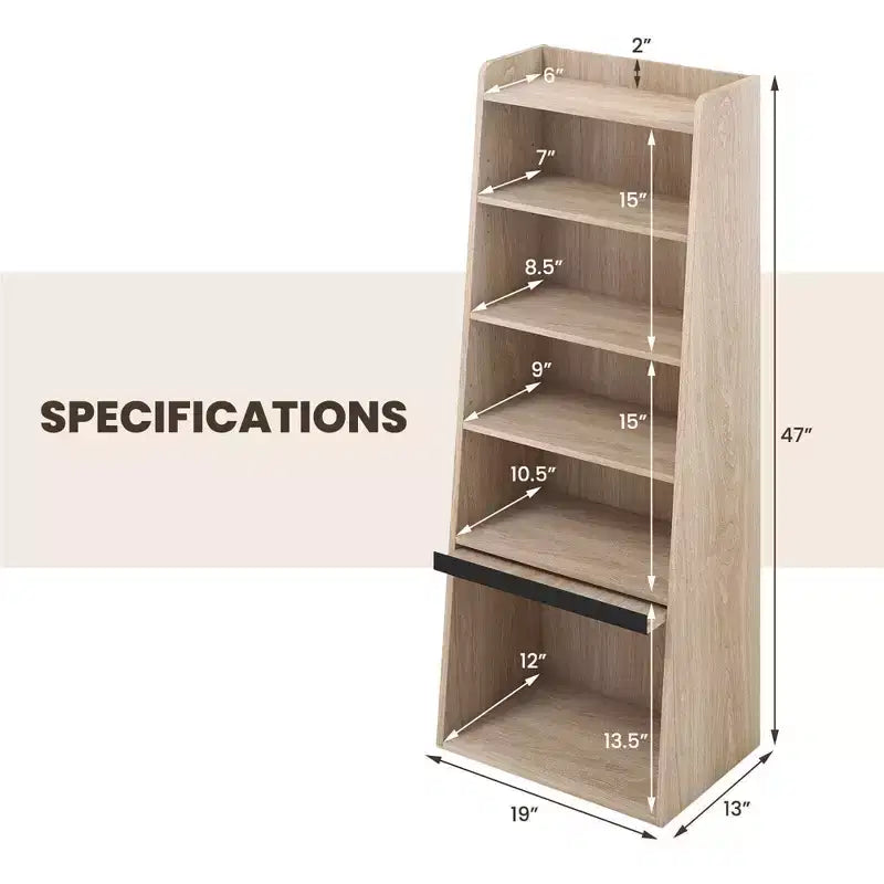 Bibliothèque à 6 niveaux avec 2 étagères réglables, porte relevable et 5 étagères ouvertes pour chambre à coucher