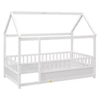 Pine Queen Size Canopy Platform Bed with Fence Rail - White Finish for Bedroom Decor