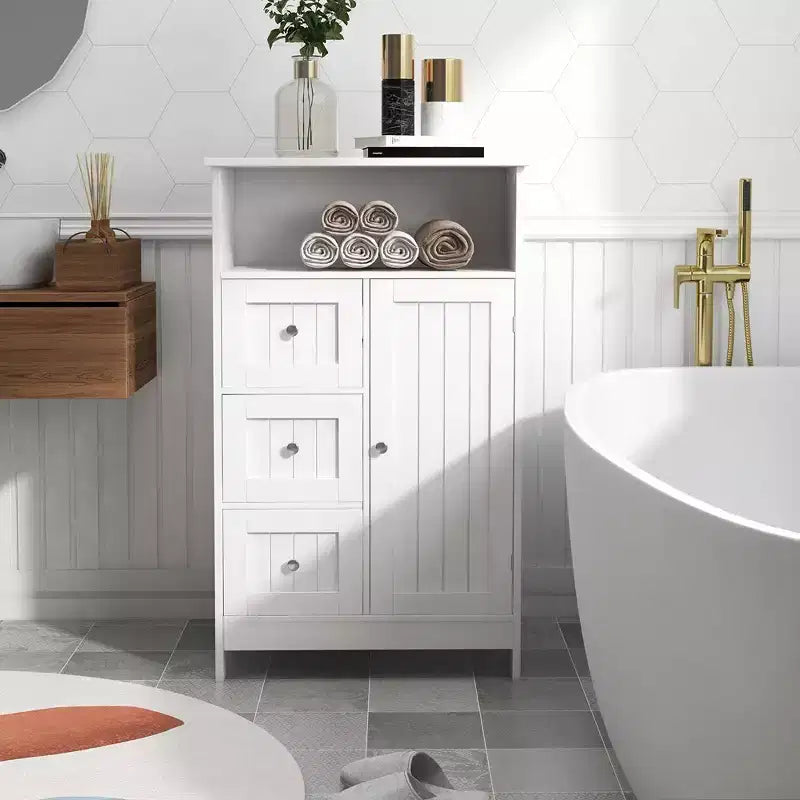 Meuble de rangement pour salle de bain, Organisateur de rangement autonome avec 3 tiroirs, Armoire de sol en bois pour salon, salle de bain, cuisine, entrée