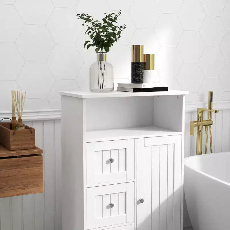 Meuble de rangement pour salle de bain, Organisateur de rangement autonome avec 3 tiroirs, Armoire de sol en bois pour salon, salle de bain, cuisine, entrée