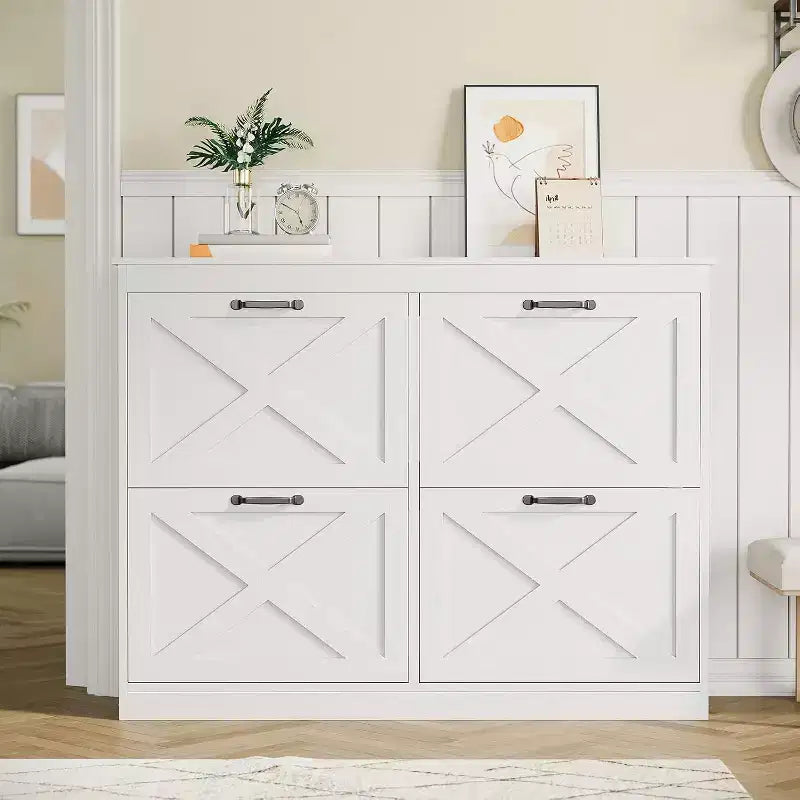GustoWave 4 Turn Drawers Rattan Entryway Shoe Storage Cabinet, Freestanding Organizer, White