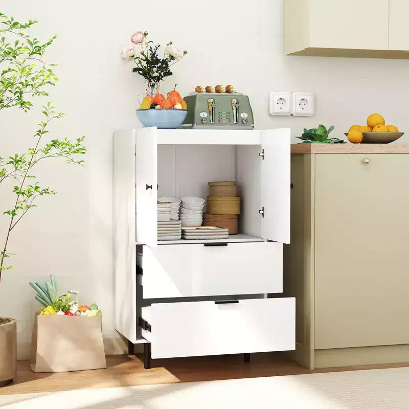 Buffet 2 portes avec tiroirs et meuble de rangement, pieds en métal, pour salon