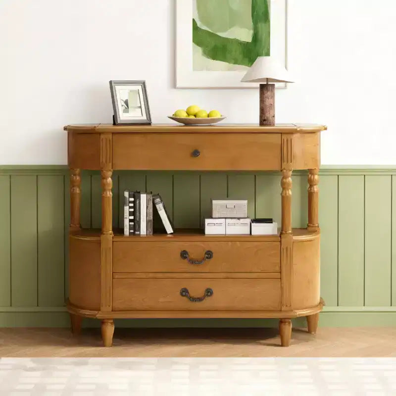 Luxystar 43'' Retro Curved Console Table with 3 Drawers and Storage Shelf for Living Room and Hallway, Brown