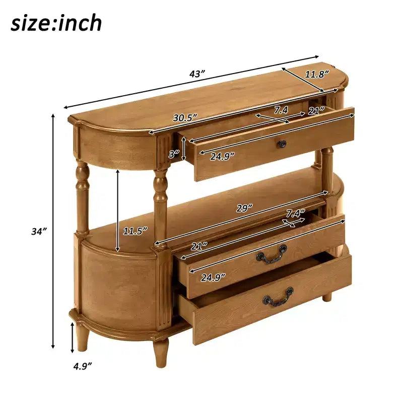 Console incurvée rétro de 109 cm avec 3 tiroirs et étagère de rangement pour salon et couloir, marron