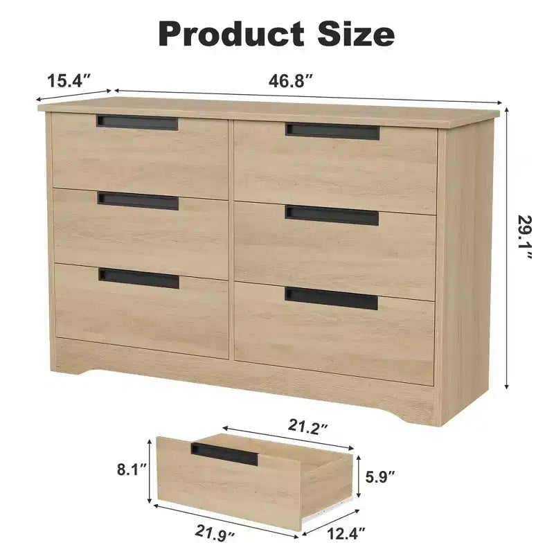 Commode à 6 tiroirs pour chambre à coucher, commode moderne à 6 tiroirs avec poignées encastrées, organisateur en bois