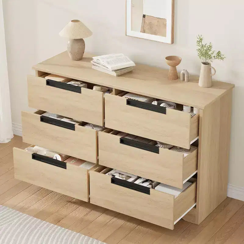 Commode à 6 tiroirs pour chambre à coucher, commode moderne à 6 tiroirs avec poignées encastrées, organisateur en bois