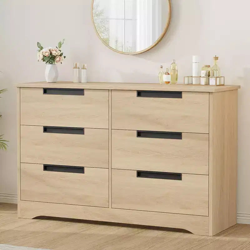 Commode à 6 tiroirs pour chambre à coucher, commode moderne à 6 tiroirs avec poignées encastrées, organisateur en bois