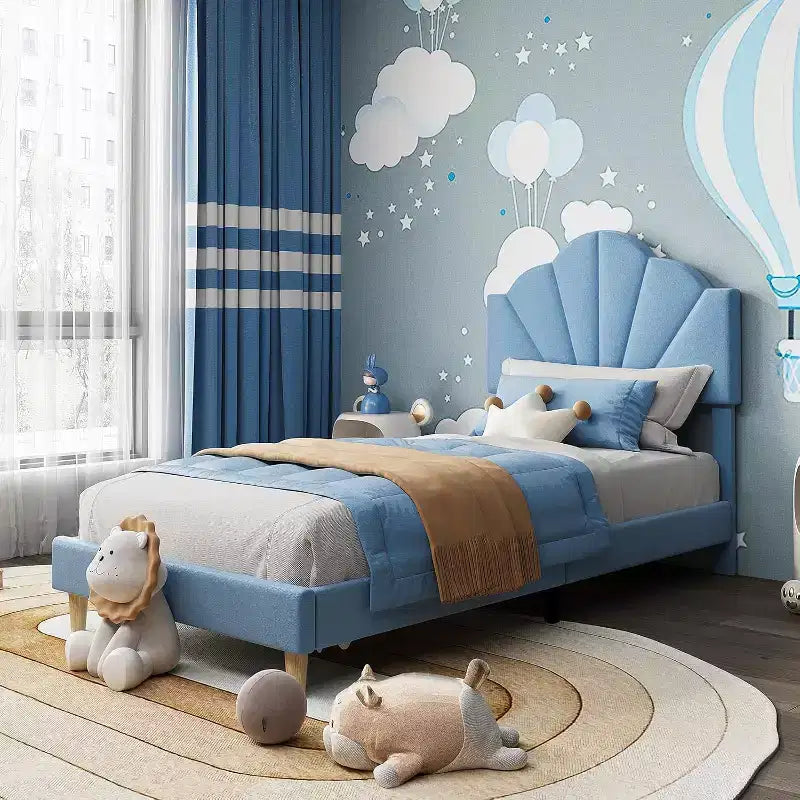 Girls' Bed Frame, Velvet Upholstered Platform Bed Frame with Height Adjustable Headboard for Boys & Girls, Wood Slat Support, Easy to Assemble