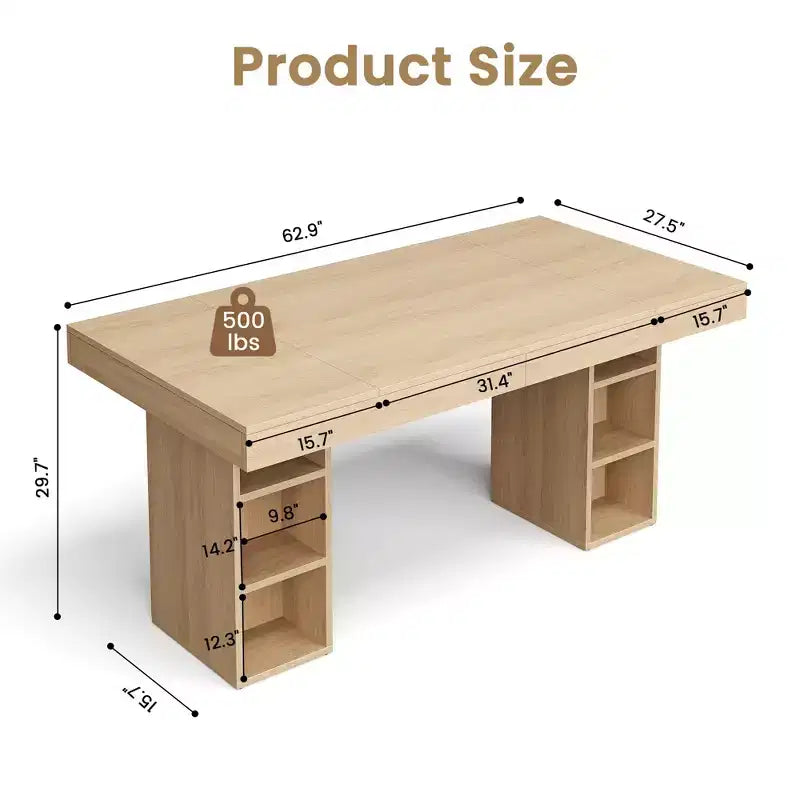 Table à manger 6-8 personnes avec rangements latéraux doubles, grande table de salle à manger rectangulaire de 1,80 m avec double piédestal et grand plateau, table de cuisine en bois