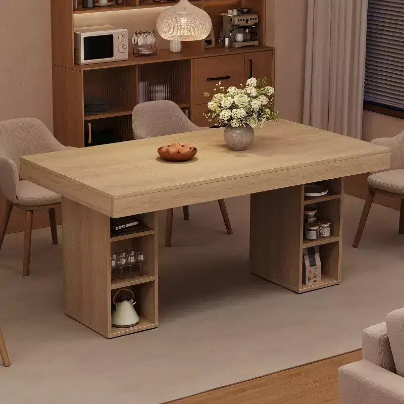 Table à manger 6-8 personnes avec rangements latéraux doubles, grande table de salle à manger rectangulaire de 1,80 m avec double piédestal et grand plateau, table de cuisine en bois