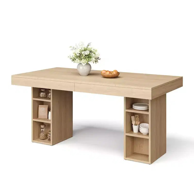 Table à manger 6-8 personnes avec rangements latéraux doubles, grande table de salle à manger rectangulaire de 1,80 m avec double piédestal et grand plateau, table de cuisine en bois