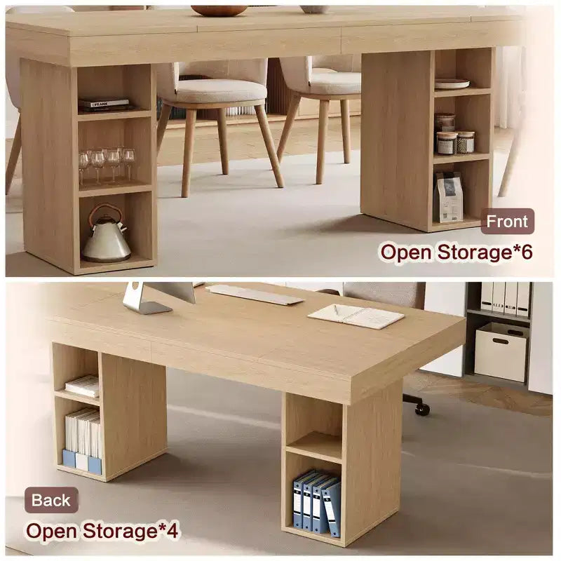 Table à manger 6-8 personnes avec rangements latéraux doubles, grande table de salle à manger rectangulaire de 1,80 m avec double piédestal et grand plateau, table de cuisine en bois