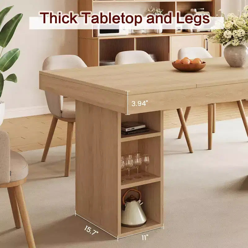 Table à manger 6-8 personnes avec rangements latéraux doubles, grande table de salle à manger rectangulaire de 1,80 m avec double piédestal et grand plateau, table de cuisine en bois