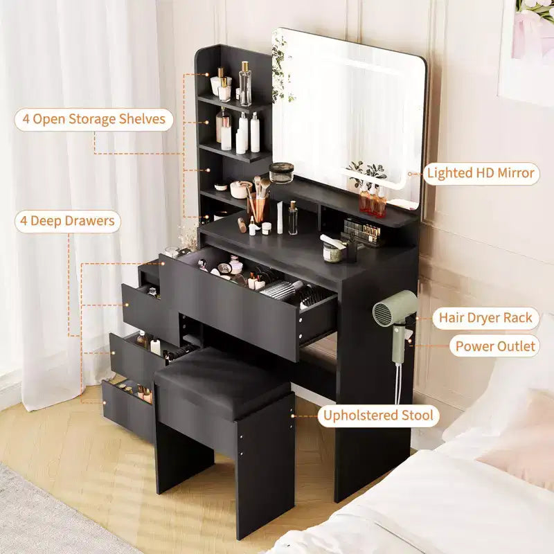 Coiffeuse avec miroir et LED, prise de courant, lumière réglable 3 couleurs, 4 tiroirs, étagères de rangement et tabouret pour chambre à coucher