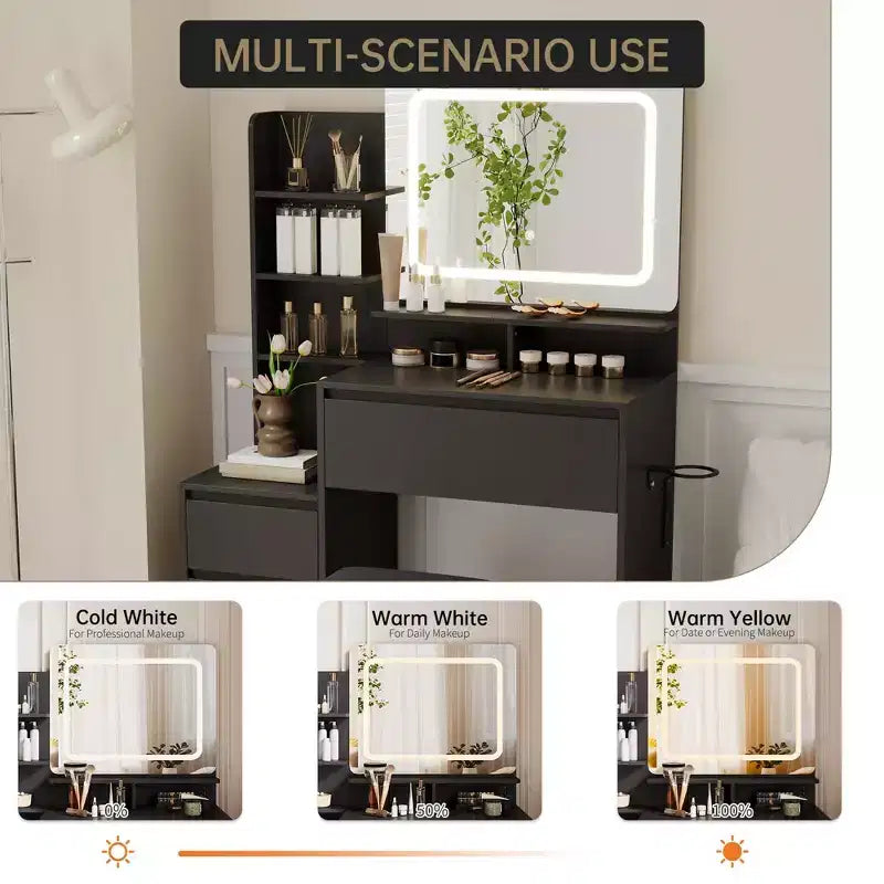 Coiffeuse avec miroir et LED, prise de courant, lumière réglable 3 couleurs, 4 tiroirs, étagères de rangement et tabouret pour chambre à coucher