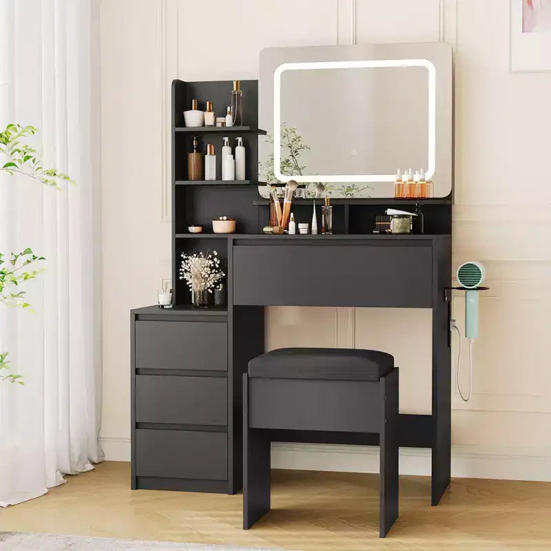 Vanity Desk with Mirror and LED, Power Outlet, 3 Color Adjustable Light, 4 Drawers, Storage Shelves & Stool for Bedroom