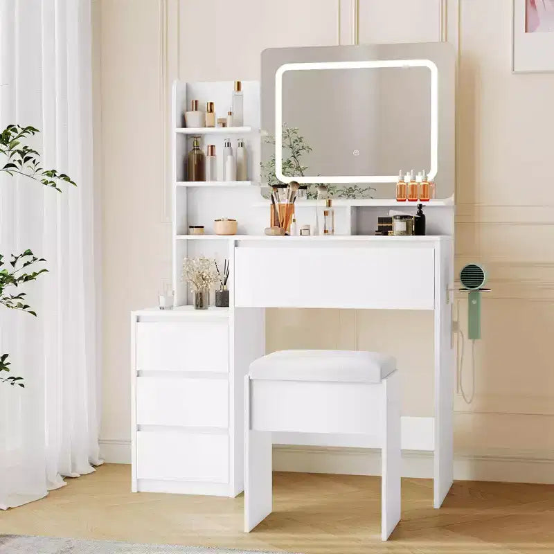 Coiffeuse avec miroir et LED, prise de courant, lumière réglable 3 couleurs, 4 tiroirs, étagères de rangement et tabouret pour chambre à coucher