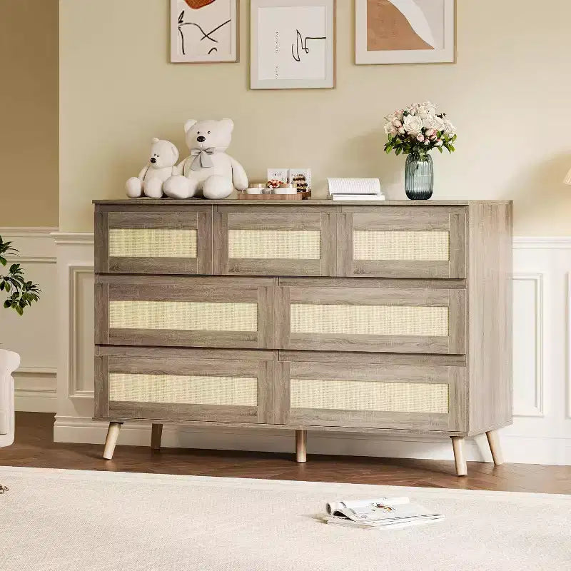 47.2 Inch Wide Rattan 7-Drawer Dresser, Natural Finish with Wood Tone Legs, Multi-Use Storage Organizer for Living Room Closet Nursery