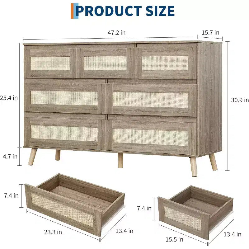Commode en rotin de 120 cm de large à 7 tiroirs, finition naturelle avec pieds aspect bois, organisateur de rangement polyvalent pour salon, placard, chambre d'enfant