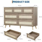 Commode en rotin de 120 cm de large à 7 tiroirs, finition naturelle avec pieds aspect bois, organisateur de rangement polyvalent pour salon, placard, chambre d'enfant