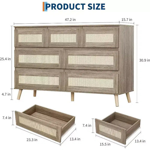 Commode en rotin de 120 cm de large à 7 tiroirs, finition naturelle avec pieds aspect bois, organisateur de rangement polyvalent pour salon, placard, chambre d'enfant