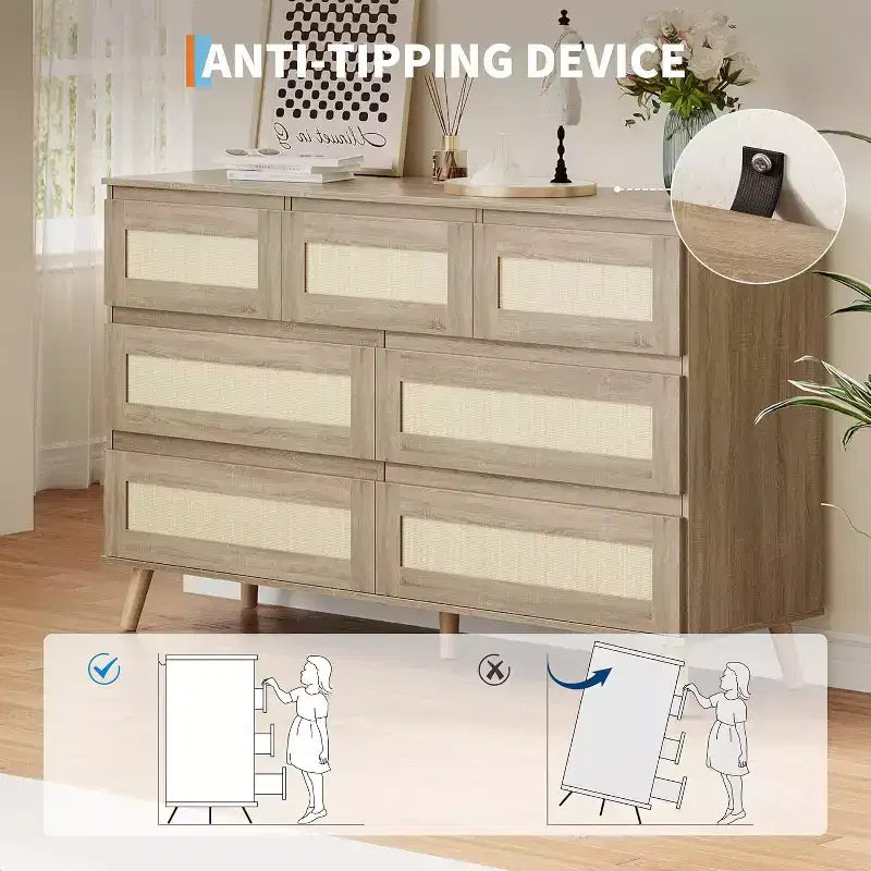 Commode en rotin de 120 cm de large à 7 tiroirs, finition naturelle avec pieds aspect bois, organisateur de rangement polyvalent pour salon, placard, chambre d'enfant