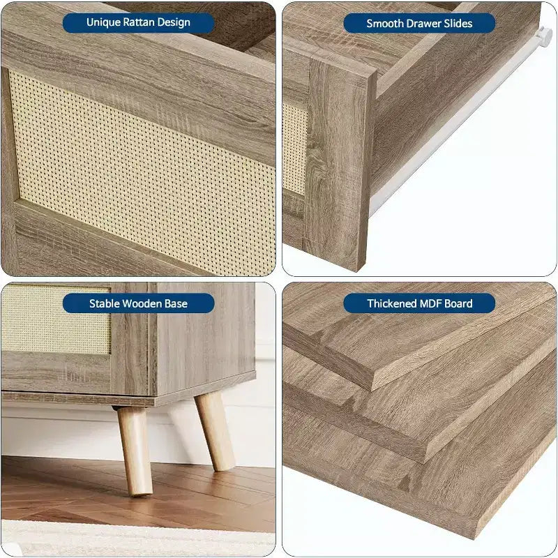 Commode en rotin de 120 cm de large à 7 tiroirs, finition naturelle avec pieds aspect bois, organisateur de rangement polyvalent pour salon, placard, chambre d'enfant