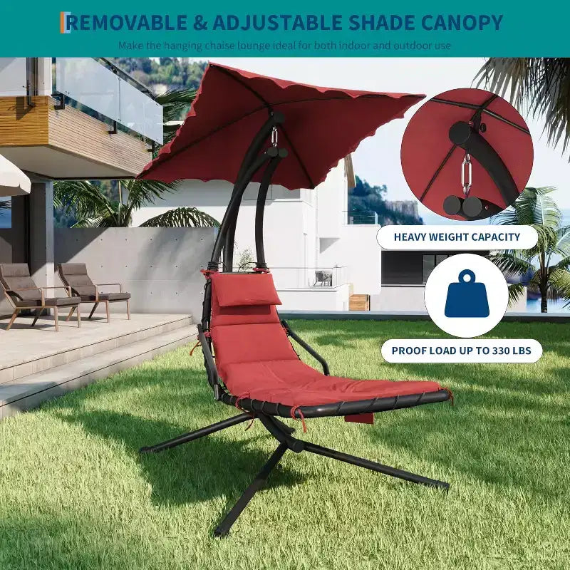 Chaise longue suspendue, balancelle, transat courbé avec auvent pour l'extérieur et l'intérieur, patio, jardin, rouge/vert/gris
