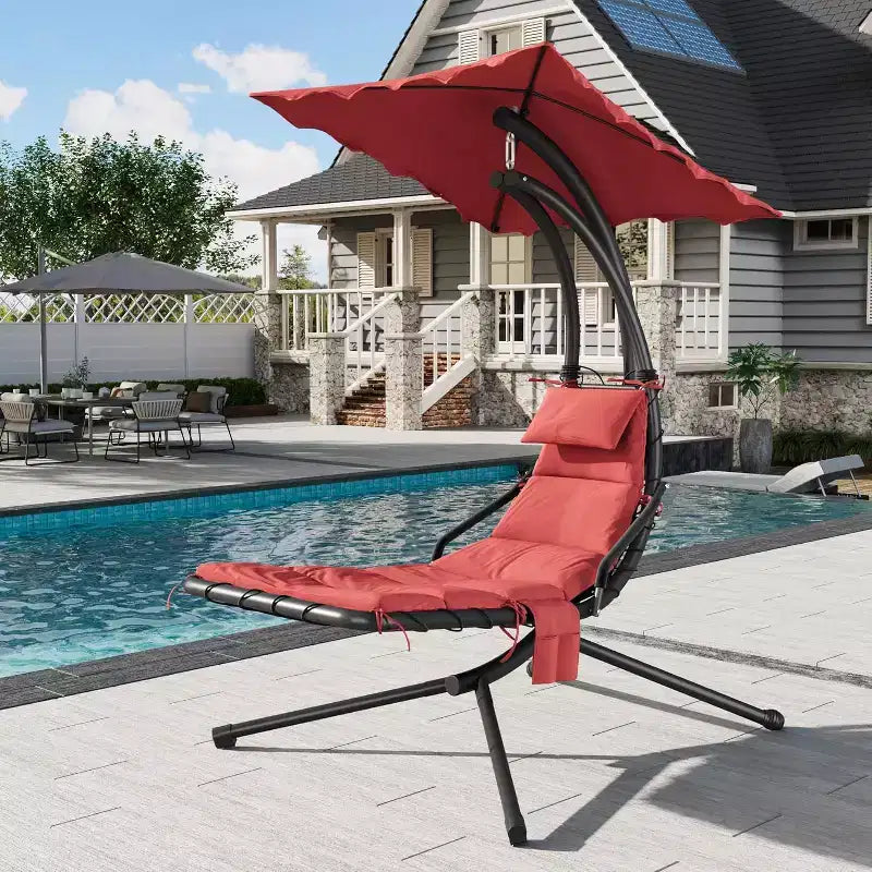 Chaise longue suspendue, balancelle, transat courbé avec auvent pour l'extérieur et l'intérieur, patio, jardin, rouge/vert/gris