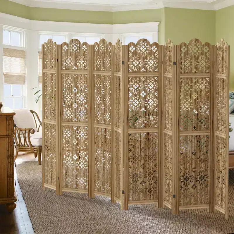 PexFix Carved Room Divider Folding Screen Room Divider with Copper Coin Pattern for Home Office Garden Terrace Paulownia Wood