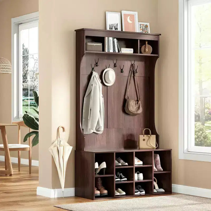 Meuble de Rangement Haut de 180 cm avec Banc et Étagères, Meuble d'Entrée Autonome avec 7 Patères, Meuble à Chaussures d'Entrée