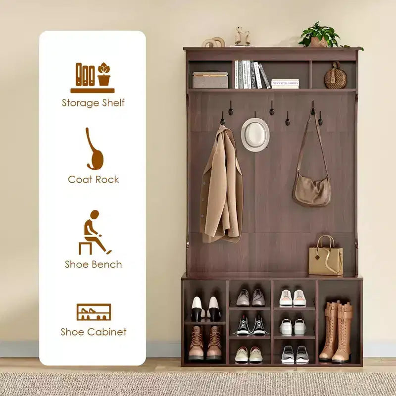 Meuble de Rangement Haut de 180 cm avec Banc et Étagères, Meuble d'Entrée Autonome avec 7 Patères, Meuble à Chaussures d'Entrée