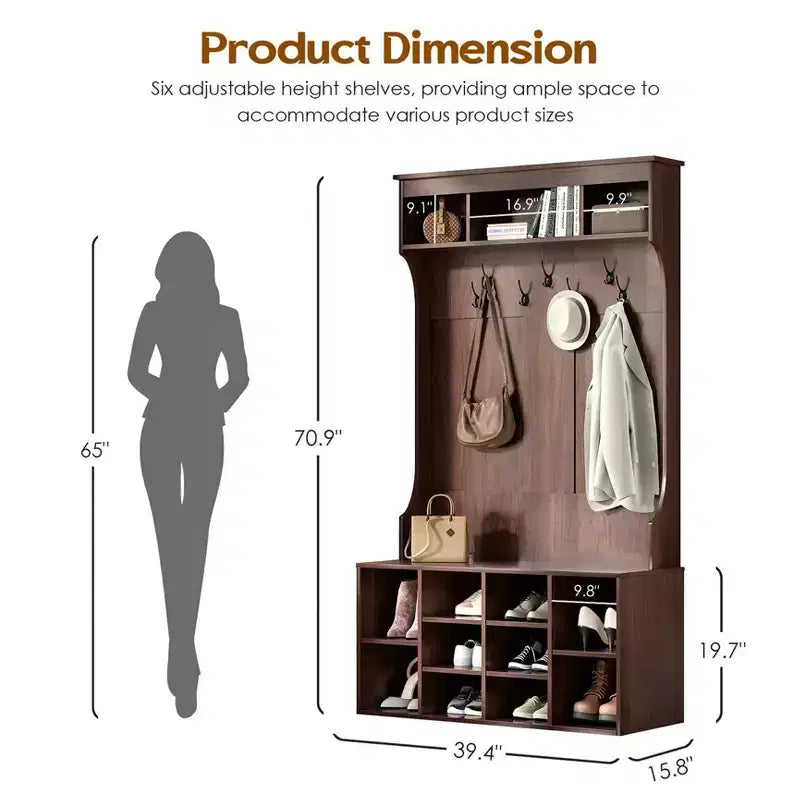 Meuble de Rangement Haut de 180 cm avec Banc et Étagères, Meuble d'Entrée Autonome avec 7 Patères, Meuble à Chaussures d'Entrée