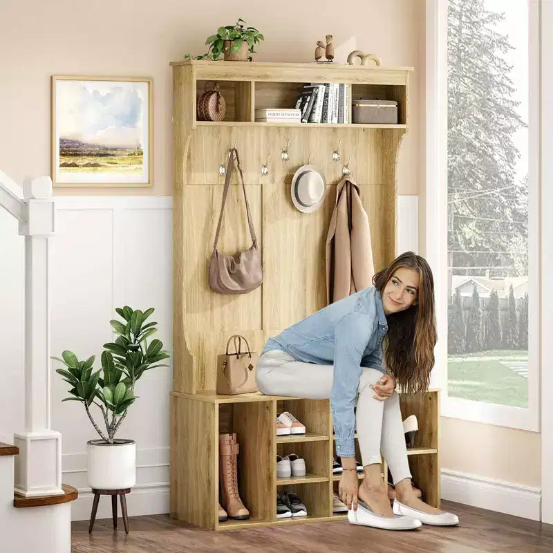 Meuble de Rangement Haut de 180 cm avec Banc et Étagères, Meuble d'Entrée Autonome avec 7 Patères, Meuble à Chaussures d'Entrée