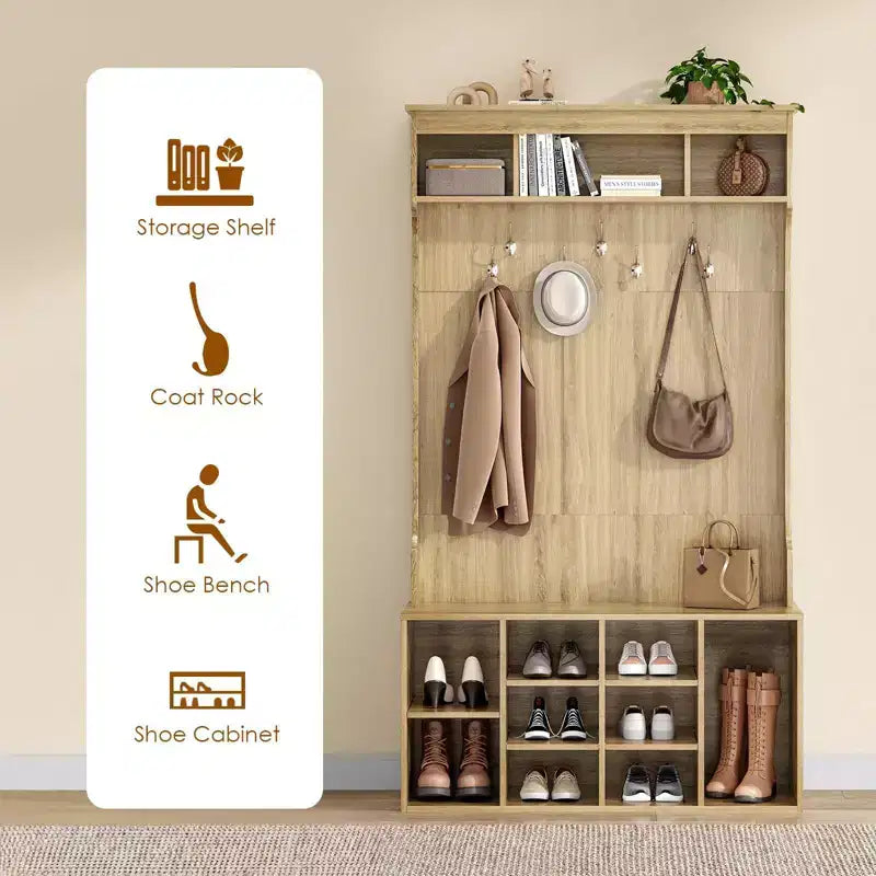 Meuble de Rangement Haut de 180 cm avec Banc et Étagères, Meuble d'Entrée Autonome avec 7 Patères, Meuble à Chaussures d'Entrée