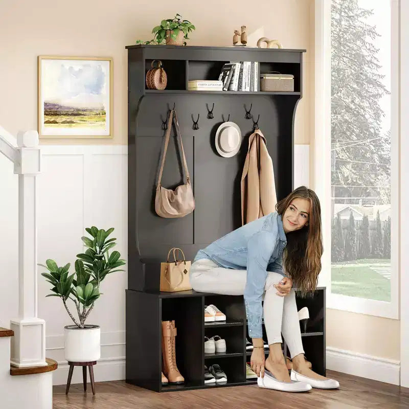 Meuble de Rangement Haut de 180 cm avec Banc et Étagères, Meuble d'Entrée Autonome avec 7 Patères, Meuble à Chaussures d'Entrée