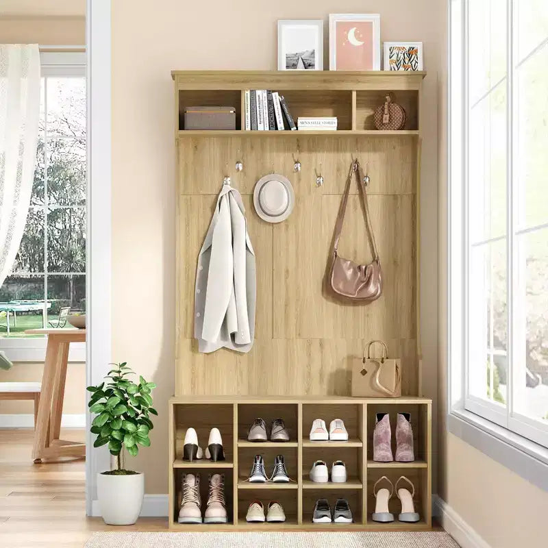 Meuble de Rangement Haut de 180 cm avec Banc et Étagères, Meuble d'Entrée Autonome avec 7 Patères, Meuble à Chaussures d'Entrée
