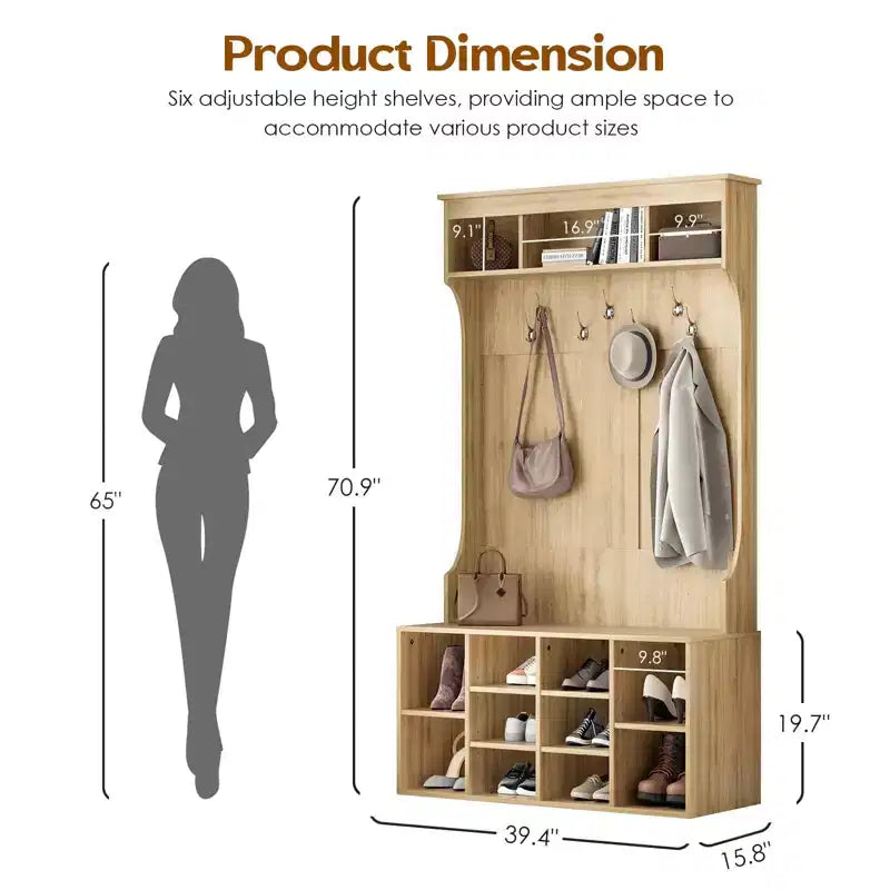 Meuble de Rangement Haut de 180 cm avec Banc et Étagères, Meuble d'Entrée Autonome avec 7 Patères, Meuble à Chaussures d'Entrée