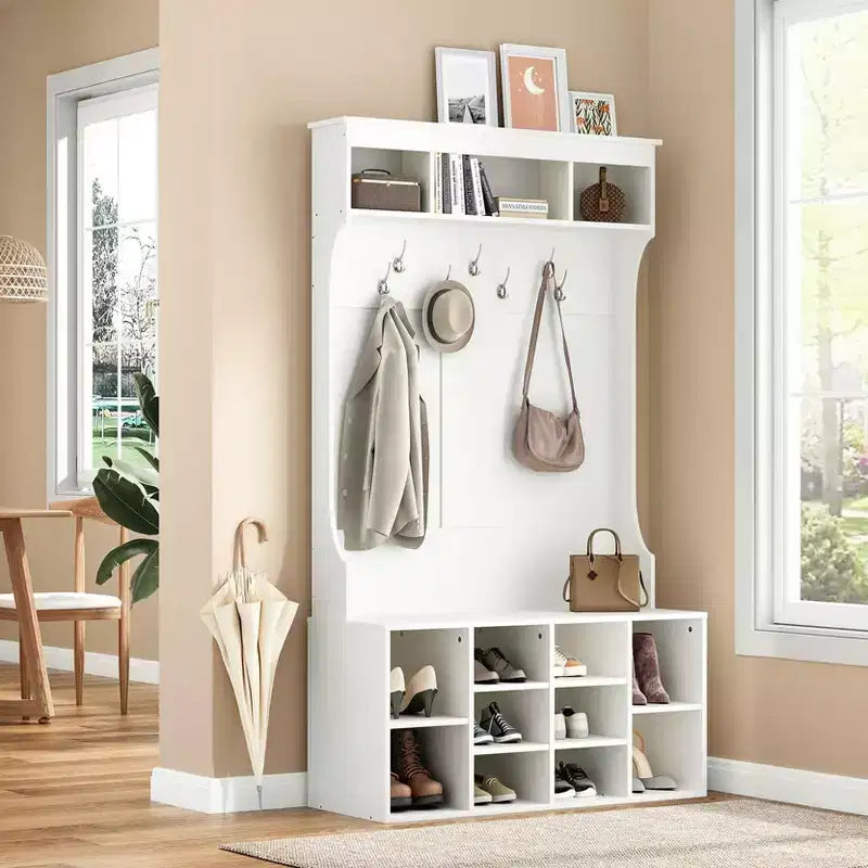 Meuble de Rangement Haut de 180 cm avec Banc et Étagères, Meuble d'Entrée Autonome avec 7 Patères, Meuble à Chaussures d'Entrée
