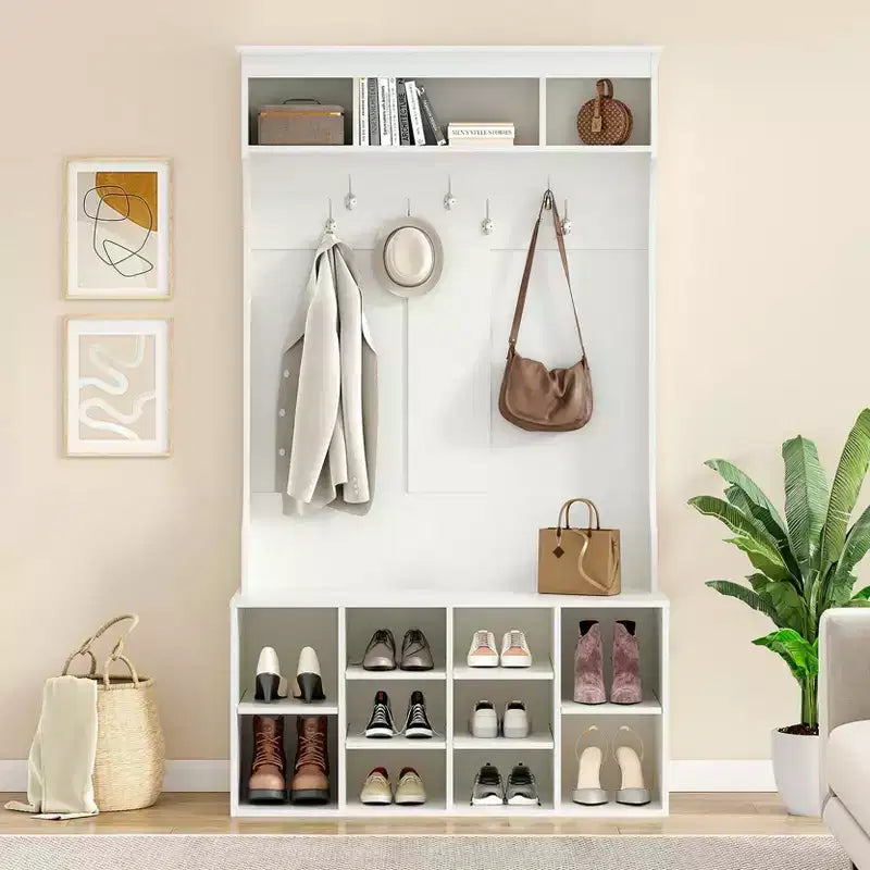 Meuble de Rangement Haut de 180 cm avec Banc et Étagères, Meuble d'Entrée Autonome avec 7 Patères, Meuble à Chaussures d'Entrée