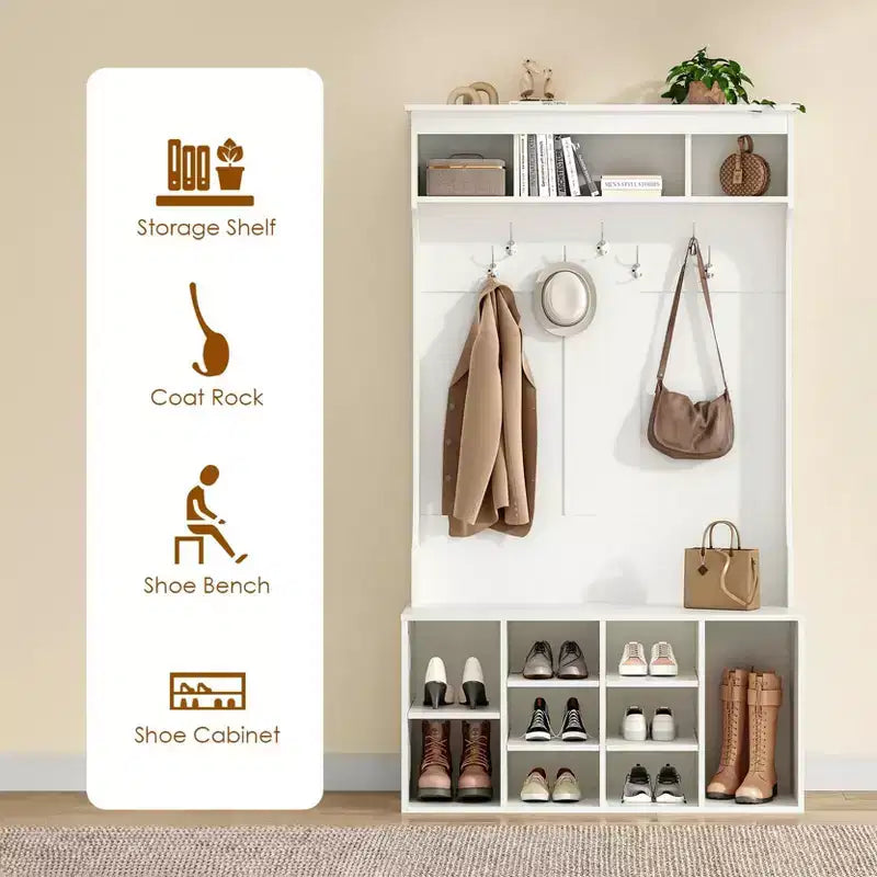 Meuble de Rangement Haut de 180 cm avec Banc et Étagères, Meuble d'Entrée Autonome avec 7 Patères, Meuble à Chaussures d'Entrée