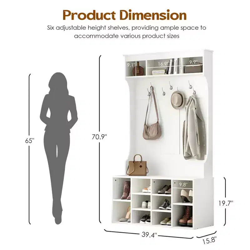 Meuble de Rangement Haut de 180 cm avec Banc et Étagères, Meuble d'Entrée Autonome avec 7 Patères, Meuble à Chaussures d'Entrée