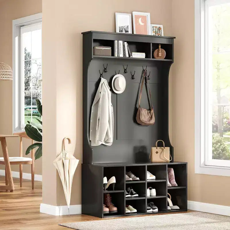 Meuble de Rangement Haut de 180 cm avec Banc et Étagères, Meuble d'Entrée Autonome avec 7 Patères, Meuble à Chaussures d'Entrée