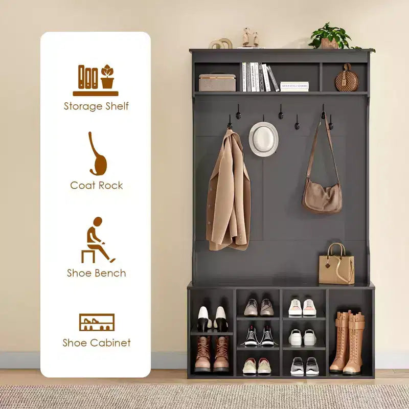Meuble de Rangement Haut de 180 cm avec Banc et Étagères, Meuble d'Entrée Autonome avec 7 Patères, Meuble à Chaussures d'Entrée